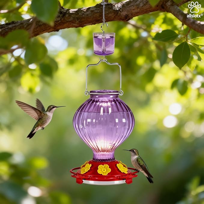 Glass Hummingbird Feeder for Outdoors Hanging, 38 oz Nectar Capacity, 6 Feeding Ports, Leak-Proof Rust-Free Plastic Base, Easy to Refill & Clean, Decorative Purple Glass Bird Feeder for Garden Patio