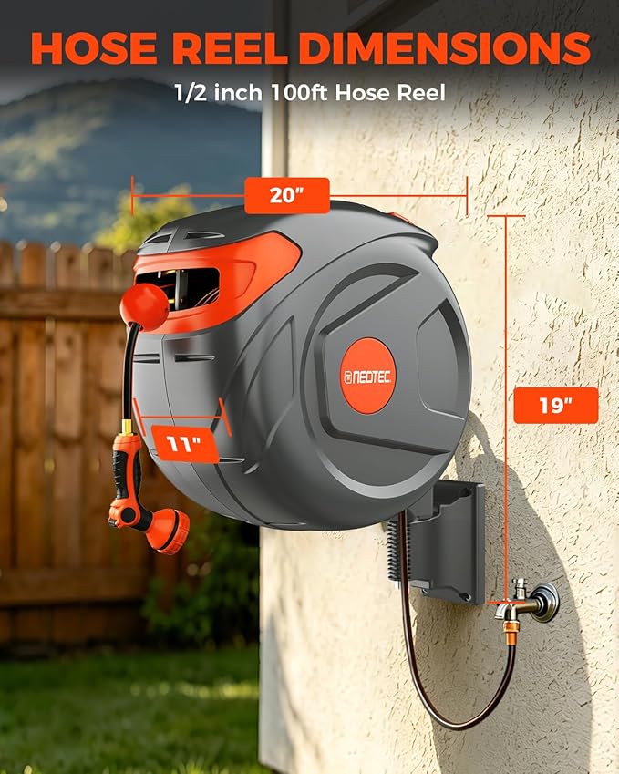 100FT Retractable Garden Hose Reel 1/2 Inch with 9-Pattern Nozzle - Automatic Slow Return & Any Length Lock, Wall Mounted Heavy Duty Hose Reels for Outside, 180° Swivel UV Resistant