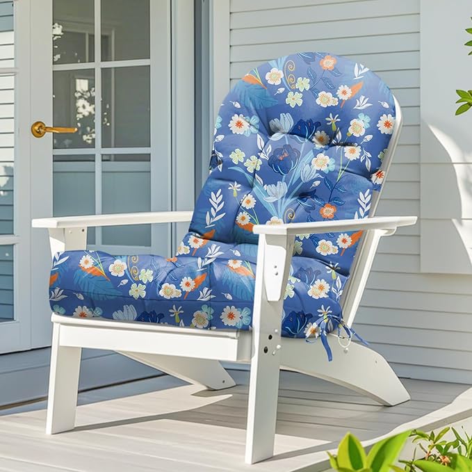 Adirondack Chair Cushion Waterproof Indoor Outdoor Rocking Chair Cushion 44 Inches Patio High Back Chair Cushions Thickened Adirondack Rocking Chair Cushions with Ties, Blue Peony