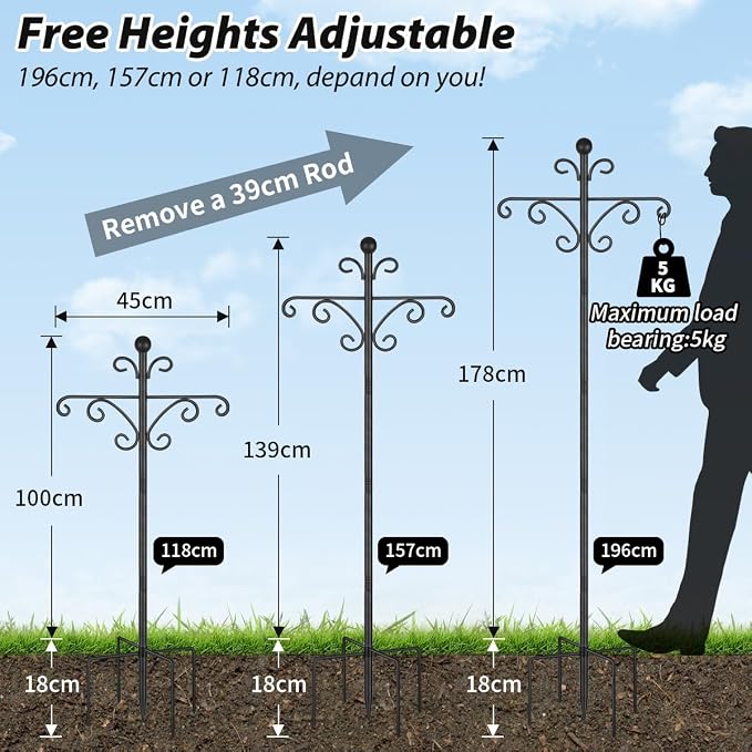 Bird Feeders Hanging Station, 196cm Wild Bird Feeder Poles and Hangers, Free Standing Feeding Station for The Garden, Heavy Duty Metal Double Shepherds Crooks Hooks for Lights Stand, Black, 2 Pack