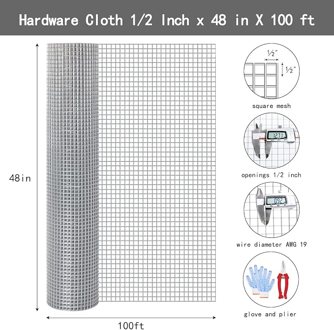 Thinkahead Hardware Cloth 1/2 Inch 48 X 100 ft 19 Gauge, Chicken Coop Wire Fencing, Hot Dipped Galvanized Wire Mesh, Hardware Cloth for Chicken Coop, Rabbit Cages, Garden, Small Rodents Screen Fence
