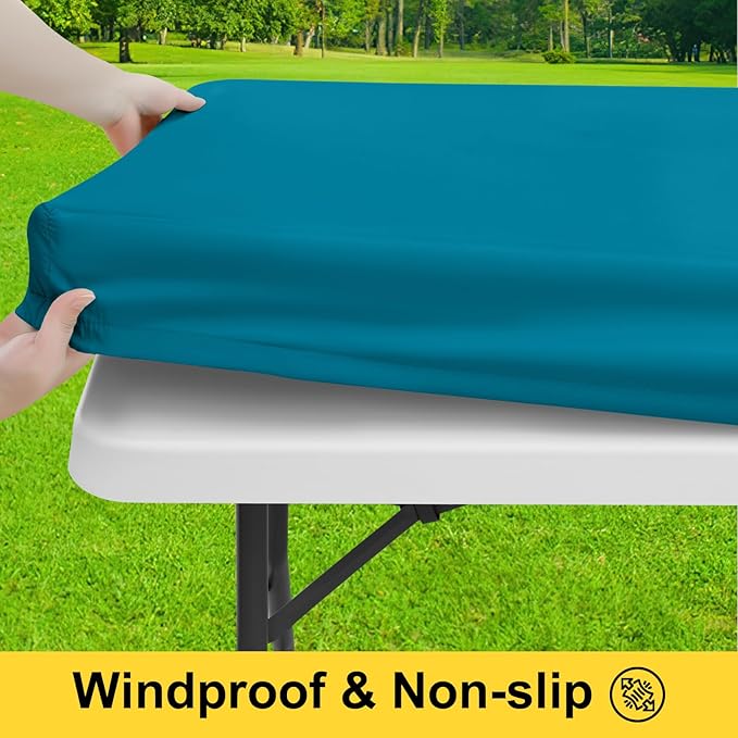 Smiry Picnic Table Cover with Bench Covers, Waterproof Elastic Fitted Polyester Tablecloths for 6 Ft Rectangle Tables, Washable Windproof Tablecloth for Camping, RV & Outdoor (Turquoise, 30x72 Inches)