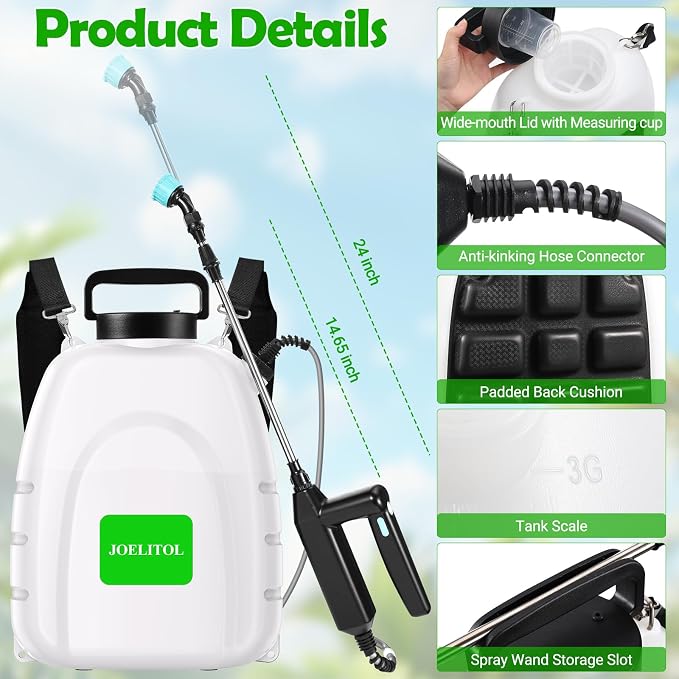 Electric Backpack Sprayer 3.2 Gallon, Battery Powered Lawn Sprayer with Ergonomic Design, USB Rechargeable Handle, Telescopic Wand & 5 Spray Nozzles