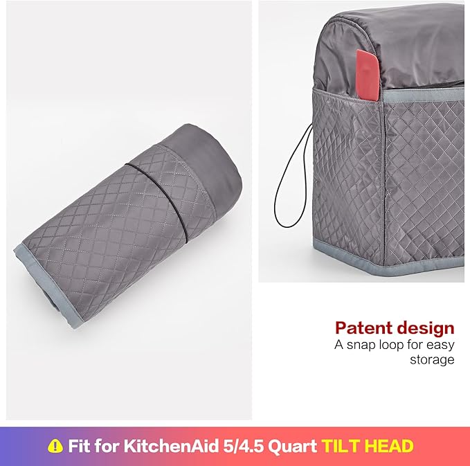 HOMEST Stand Mixer Quilted Dust Cover with Pockets Compatible with KitchenAid 5/4.5 Quart Tilt Head, Grey (Patent Design)