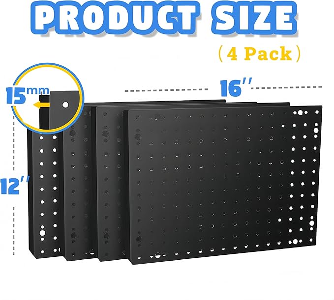 Heavy Duty 4 Panel Metal Peg Board with 32 Sturdy Hooks, Wall Pegs for Garage Organization, Garden Tools, Peg Board Organizer Accessories(Black,32" X 24")