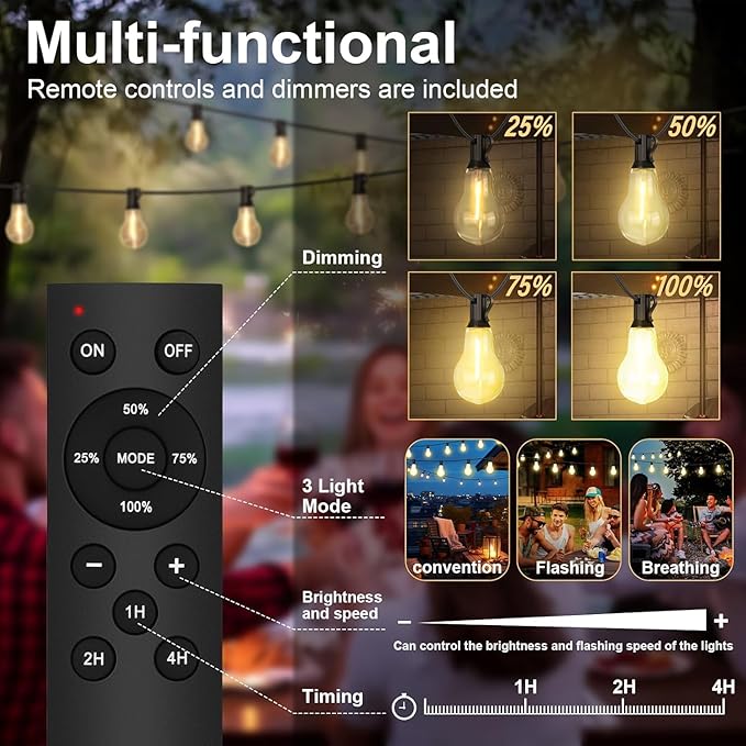 50FT Outdoor String Lights Waterproof with 32+2 Bulbs (1.5FT Bulbs Spacing), Remote & Dimmer, Commercial Patio String Lights with 3 Mode Light & Timing, 50PC Mounting Ties for Outside