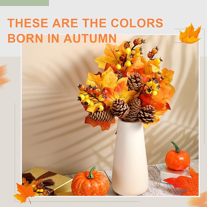 Boao 12 Pack Fall Stems Artificial Berry Picks Fall Picks with Maple Leaves Pine Cone Branches Decorations for Harvest Autumn Thanksgiving Day Flower Arrangements Wreaths Indoor Outdoor Home Decor