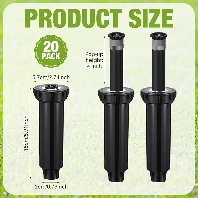 20 Pack Pop up Sprinkler Heads Compatible with 1800 Series 4 Inch Underground Spray Head, 0-360° Adjustable, Spray Radius 9-20 ft Irrigation Sprinkler for Lawn, Yard, Planter Bed, Garden