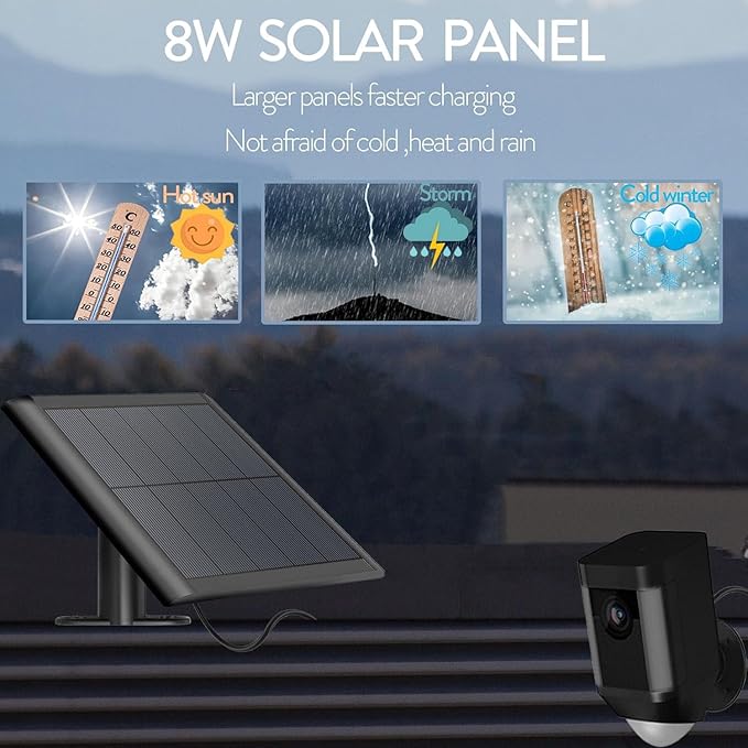 2 Pack 8W Solar Panel for Ring Camera,Solar Panel Charger for Rings Spotlight,Solar Charger for Ring Doorbell,Solar Panel for Security Camera,10ft Long Cable with USB-C to Ring Barrel Plug Adapter