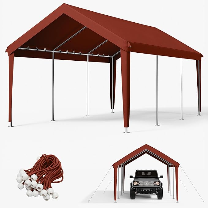 12 x 20 Ft Carport Replacement Cover, Heavy Duty Outdoor Car Tarp Canopy, Waterproof & UV Protected Tear Oxford Tarp with Ball Bungees (Frame is Not Included)