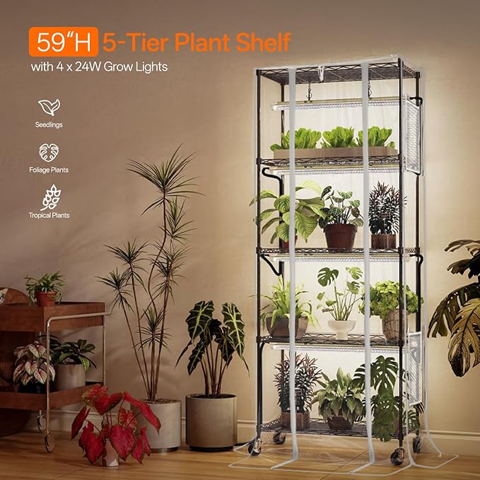 Bstrip Indoor Greenhouse, 5 Tier 23.5"x13.8"x59" Mini Greenhouse with Grow Light, 4 Pack 24W Full Spectrum Plant Lights & Timer, Plant Stand with Grow Light for Indoor Plant, Seed Starting, Seed Tray