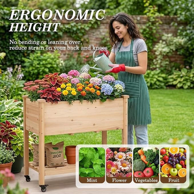 Raised Garden Bed with Lockable Wheels, 32x16x32 inch Elevated Wood Planter with Storage Shelf Protective Liner for Vegetable Flower Herb Outdoor Balcony Patio Backyard, Natural