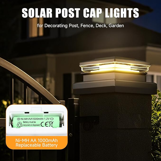 Solar Post Cap Lights,Fence Post Solar Lights 8 Pack, Waterproof Outdoor Light for Garden Deck Patio, Black Deck Posts Light with 2 Color Modes,For 4x4 5x5 6x6 Wooden/Vinyl/Aluminium Posts