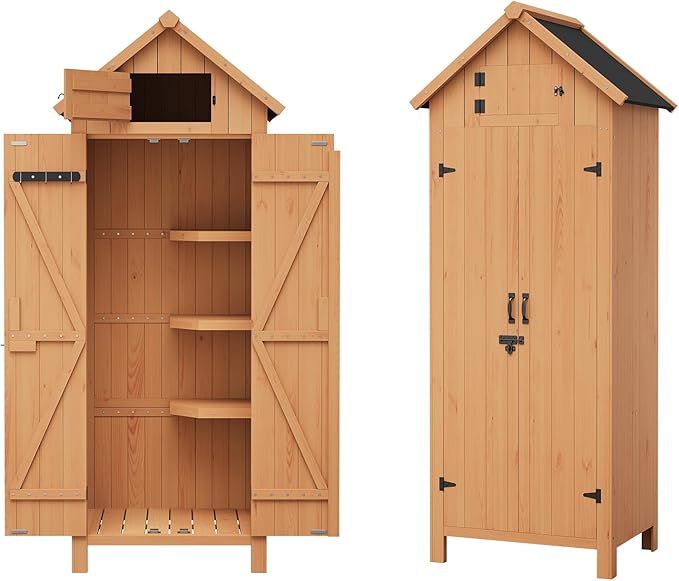 Outdoor Storage Shed, Small Waterproof Garden Tool Shed with 3 Shelves, Roof Storage & Lockable Doors, Compact Wood Storage Cabinet for Patios, Backyards, Balconies, Natural