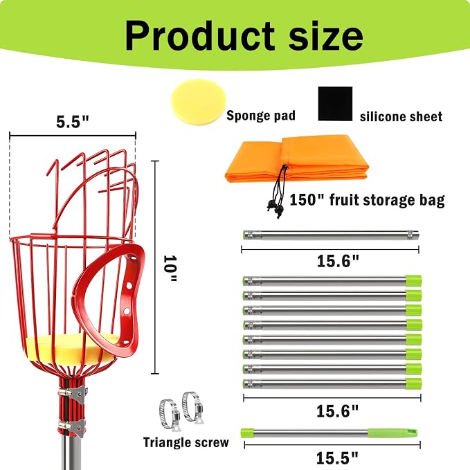UQM 12.8FT Fruit Picker Pole with Basket Harvest Bag, 40-154 Inch Adjustable Length Apple Picker Pole with Basket, Portable Fruit Picker Basket for Apples Oranges Figs Mangoes Pears