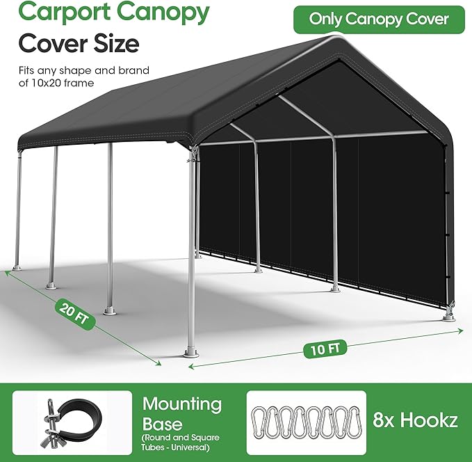 SIHAIAN 10 x 20 Ft Carport Replacement Canopy Cover with Sidewall(No Frame) Easy to Set up Carport Canopy, 500D Heavy-Duty Garage Top Tent Tarp Waterproof and UV Protected (Only Canopy Cover) Black