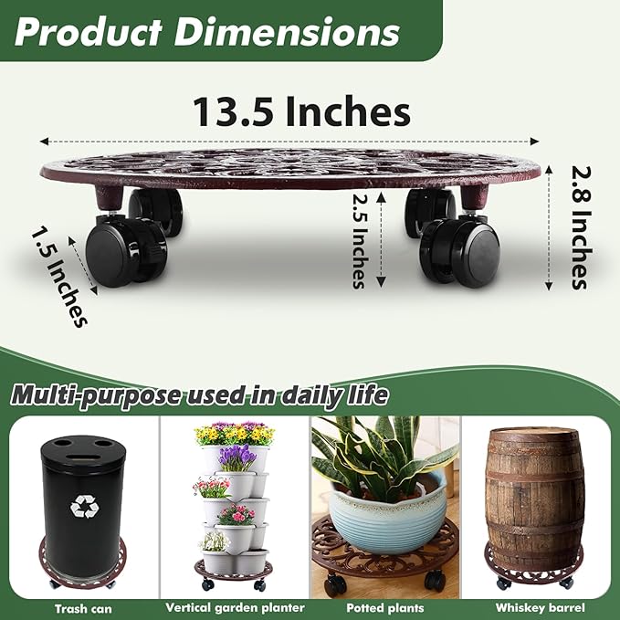 3 Packs 14 Inch Rolling Plant Stand with Wheels Metal Plant Caddy with Wheels Heavy Duty Round Plant Stand Indoor Iron Plants Rollers for Plants, Plant Dolly Brown