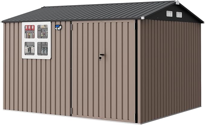 Garvee 8x10 ft Heavy-Duty Metal Storage Shed with Lockable Door & Windows - Galvanized Steel Outdoor Utility Shed with Sloped Roof for Backyard, Garden, Garage, and Patio, Brown