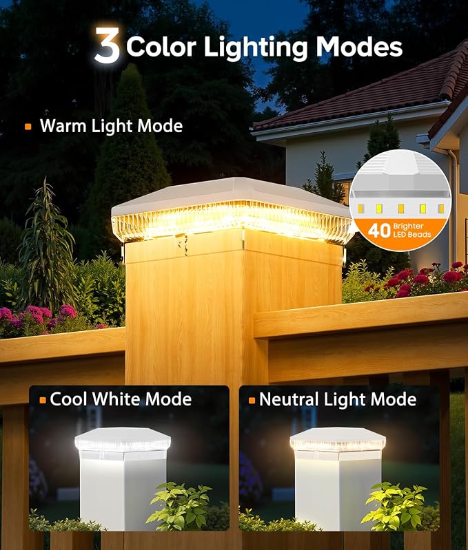 6 Pack 4x4 Solar Post Cap Lights Outdoor, 40 LEDs Fence Post Solar Lights Outdoor with 3 Modes, 30 Lumens Waterproof Deck Fence Post Lights Solar Powered for 4x4 3.5x3.5 Vinyl Wooden Posts