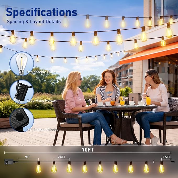 70FT LED Outdoor String Lights with Remote, One Continuous Strand Patio Lights with 24+1 Shatterproof S11 Bulbs, Dimmable 2700K Warm White, Timer & 3 Modes, Low Voltage for Backyard Garden