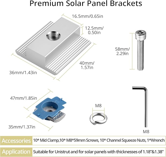 Anbte 10pcs Solar Panels Mid Clamps for Standard Unistrut, Aluminium Solar Panel Brackets 30mm/35mm, Mounting Kit for Metal Roof, Tin Roof, Flat Roof, Sheet Roof, Silver