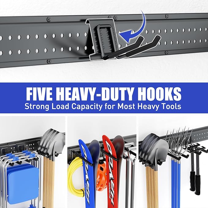 Garage Tool Organizer Wall Mount 48 inches with 10 Adjustable Heavy-Duty Hooks, Garage Organization, Garden Tool Storage Rack, Yard, and Shed, Holds Up to 400 lbs