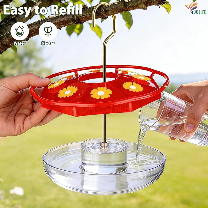 BOLITE Hummingbird Feeders for Outdoors Hanging, 11 OZ 8 Bee Proof Feeding Ports Flat Bird Feeder, Easy to Clean & Fill, Built-in Ant Moat, Leak Proof with Cleaning Brush, Red, Gift for Bird Lovers