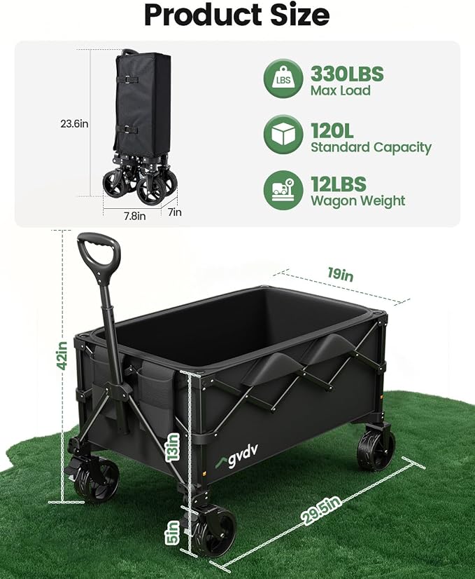 GVDV CW35 Wagons Carts Foldable, 42-Inch Extended Handle Collapsible Utility Wagon with Wheels, Shopping Cart, 330LBS Heavy-Duty Cart for Groceries, Camping, Beach, Garden, Sports
