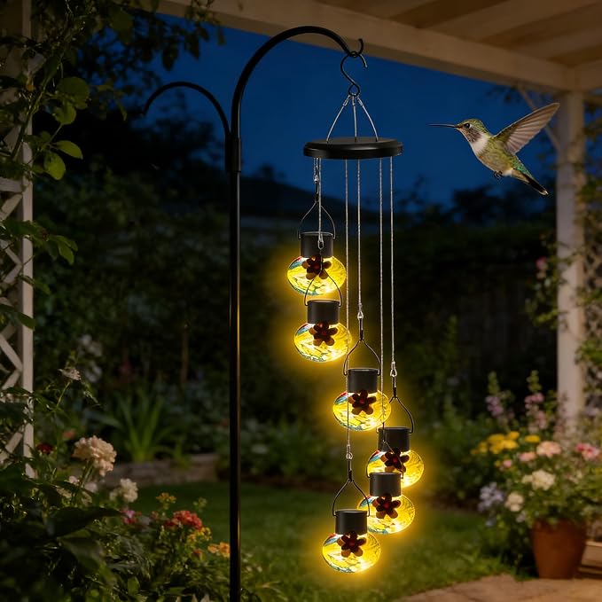 Solar-Powered Hummingbird Feeder with Wind Chime Elegance – 6 Leak-Proof Glass Ports, Frosted Design & Blue Yellow Night Lights – Perfect Outdoor Gift for Nature Enthusiasts