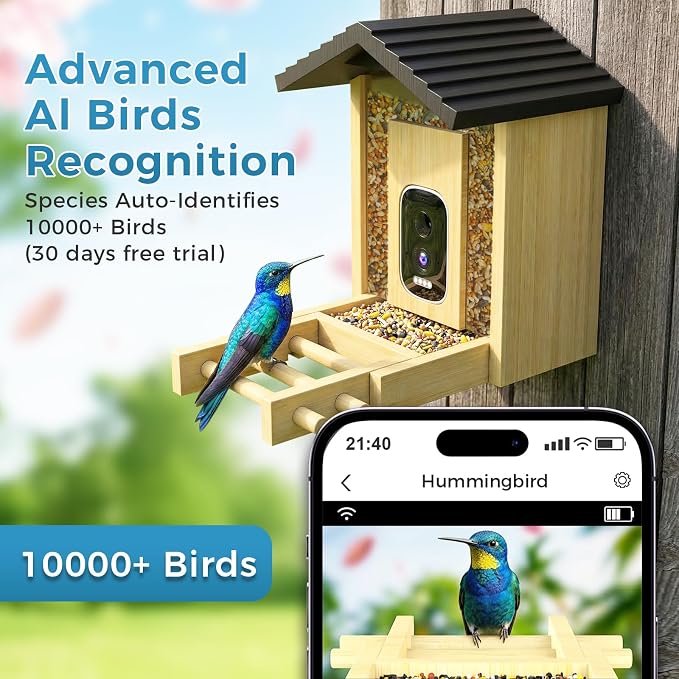 Bamboo Bird Feeder with Camera, 2.5K HD Smart Bird Feeder with Camera, Solar Bird Feeder with AI Recognition, Wooden Bird House with Camera, Squirrel Proof, Dual Seed Bird Feeders for Outdoors