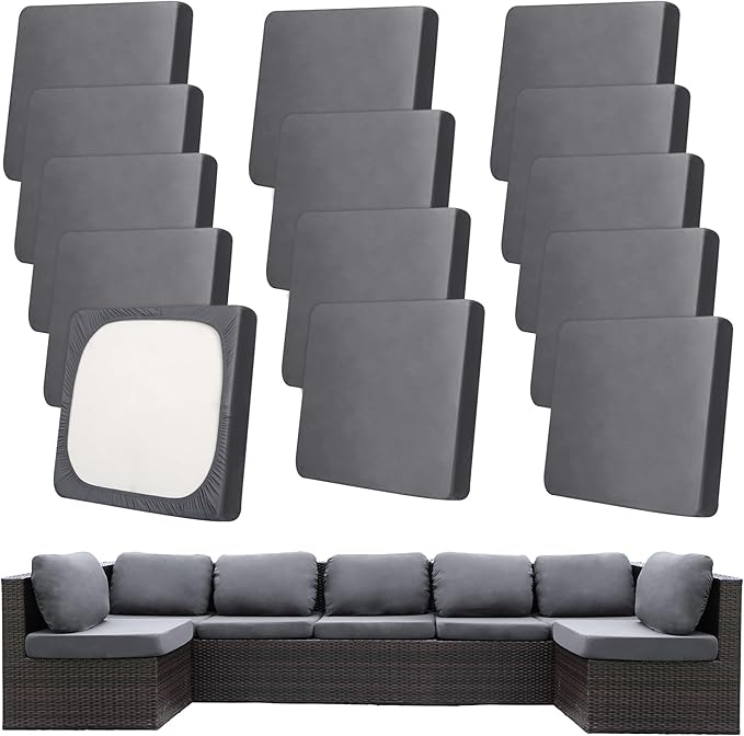 14Pcs Patio Cushion Covers,Outdoor Cushions Covers,Stretch Cushion Covers Replacement, Washable and Reusable Furniture Protectors(Grey)