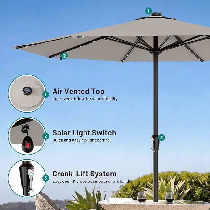 AreShark 11FT Large Patio Umbrella with Solar Lights, Lighted Solar Umbrella with Crank, Outdoor Table Market Umbrellas for Garden, Deck, Backyard, Pool and Beach, Light Gray