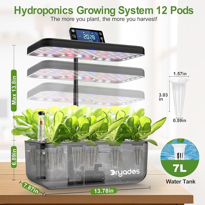 12 Pod Hydroponic Indoor Garden Kit Black with LED Grow Light, Herb Growing System with Seed Starter Kit, Compact Countertop Planter