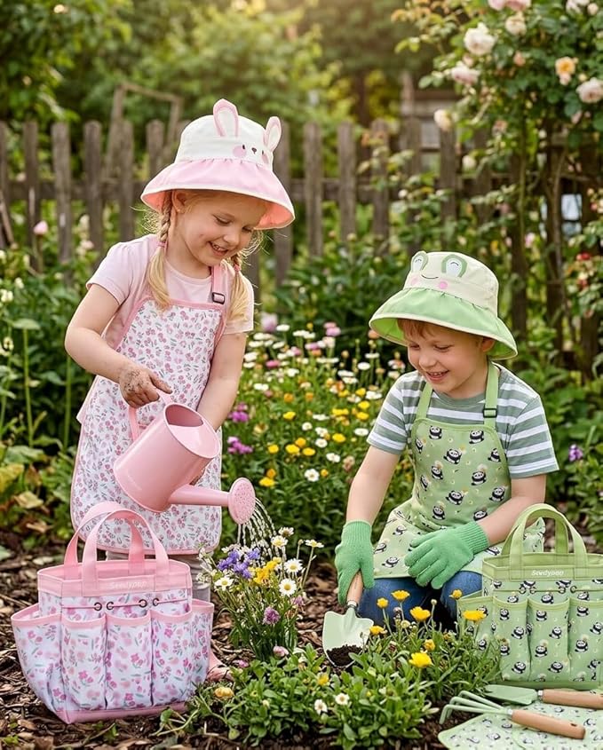 Handmade Kids Gardening Tools Set - 8Pc Artisan Garden Kit with Real Wood Handles, Metal Heads, Frog Hat, Panda Apron & Tote - Nature Learning Gift for Toddlers & Kids (Sage Green)