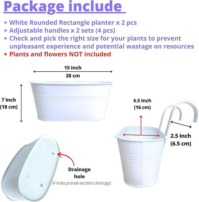 LaLaGreen Outdoor Plants Rail Planter (15 Inch, 2 Pack) White Metal Iron Hanging Flower Pot Deck Railing Fence Bucket Modern Boho Style Wall Mount Window Box Plant Holder Hooks Porch Herb Garden Decor