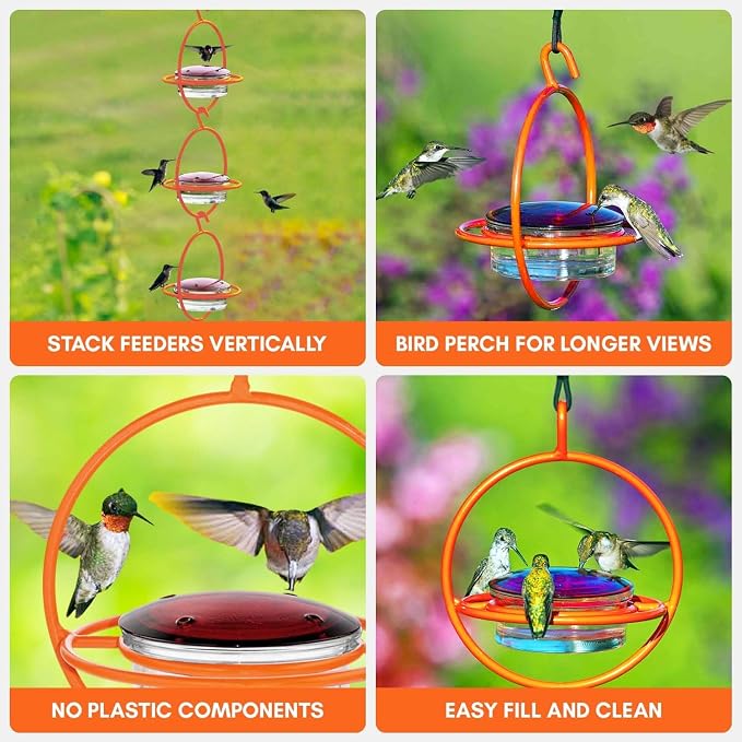 Hummingbird Feeder for Outdoors Hanging, 3.4 OZ Hummingbird Feeders, Glass Bowl with 4 Feeding Ports, Leak Proof Lid & Circular Perch, Bird Feeder (3, Orange)