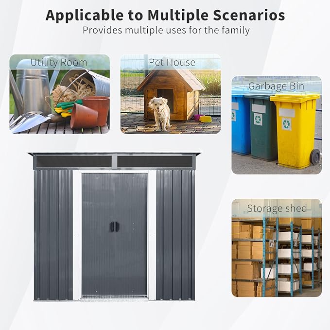 6FT x 5FT Outdoor Storage Shed, Heavy Duty Galvanized Steel Garden Shed with Sloped Roof, Sliding Lockable Doors, Punched Vents & Foundation Kit, Weather Resistant Tool Shed, Black+White with Window