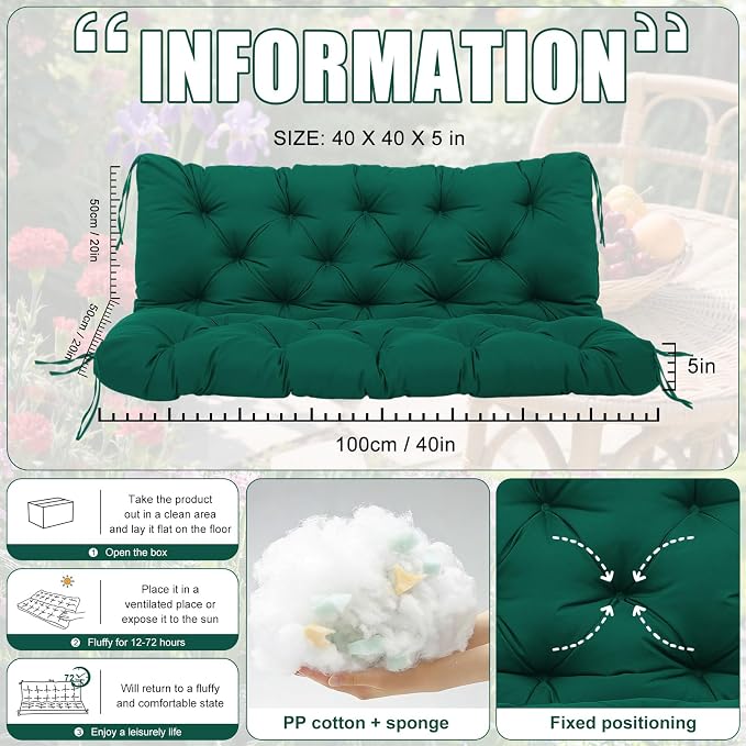 Porch Swing Cushions 2 Seater Replacement Thicken 5" Waterproof & Fade Resistant Swing Cushions for Outdoor Furniture Bench Patio Swing Cushion with Backrest & Ties(Dark Green 40x40x5inch)
