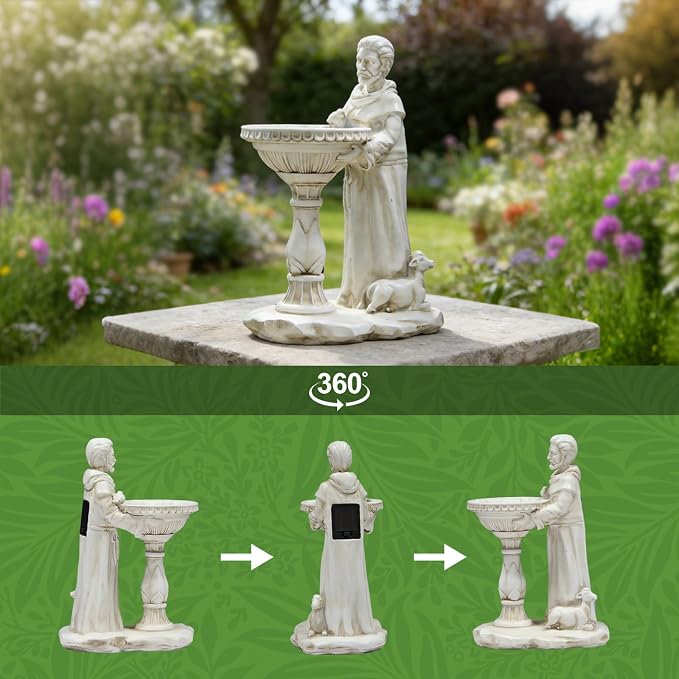 Sheaifun St Francis Garden Statue Outdoor Solar Garden Decor Resin 10.5 Inch Tall Colorful Lights St Francis Statue with Bird Bath Feeder for Yard Patio Lawn Decoration Religious Gifts for Women