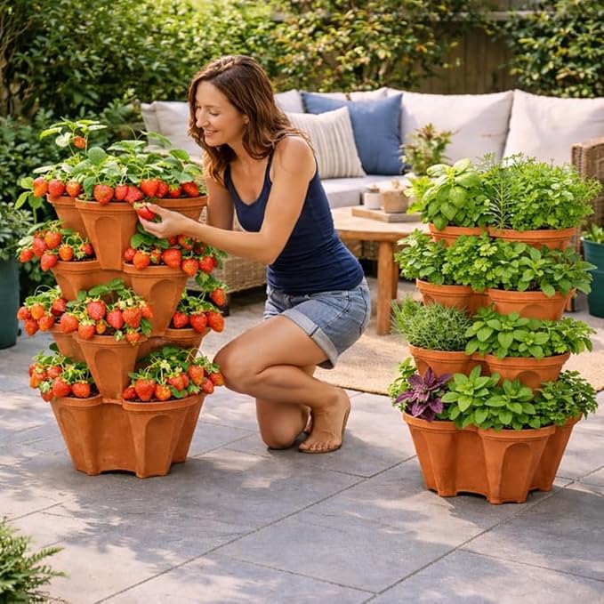 Vertical Garden Planter 4 Tier Stackable System 16 Plants, Space Saving Herb, Strawberry & Food Crop Planter with Center Support Hole for Indoor Outdoor Gardening (4, Terracotta, Large)