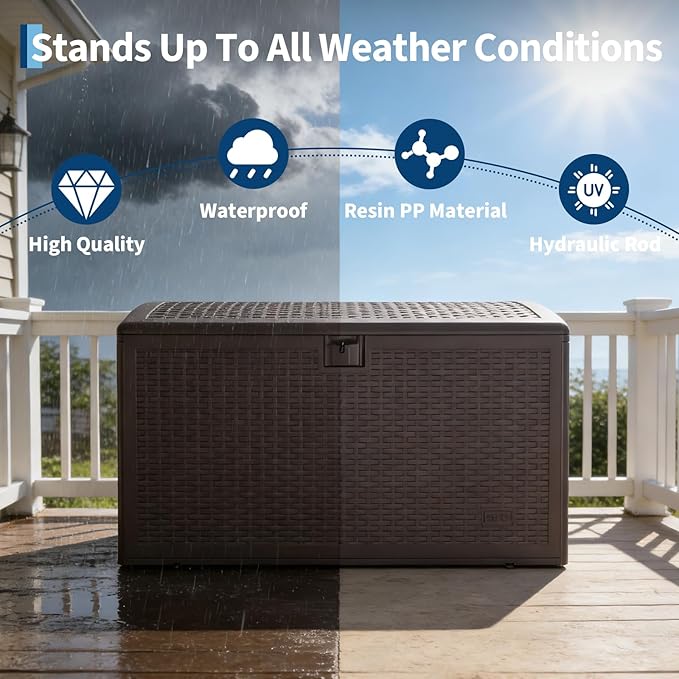 CABIHOME Outdoor Storage Box 120 Gallon Waterproof Large Resin Deck Box Indoor Outdoor Lockable Storage Container for Patio Furniture Cushions Garden Tools, Pool Garden, 120 Gallon, Brown