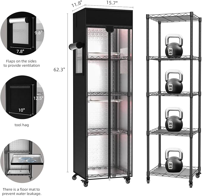 Indoor Greenhouse with Grow Light, 5 Tier 15.7" L×11.8" W×62.3" H growtent with Lights, with 48W Full Spectrum Growing Lamps，Metal Indoor Plant Enclosure for Seed Starting