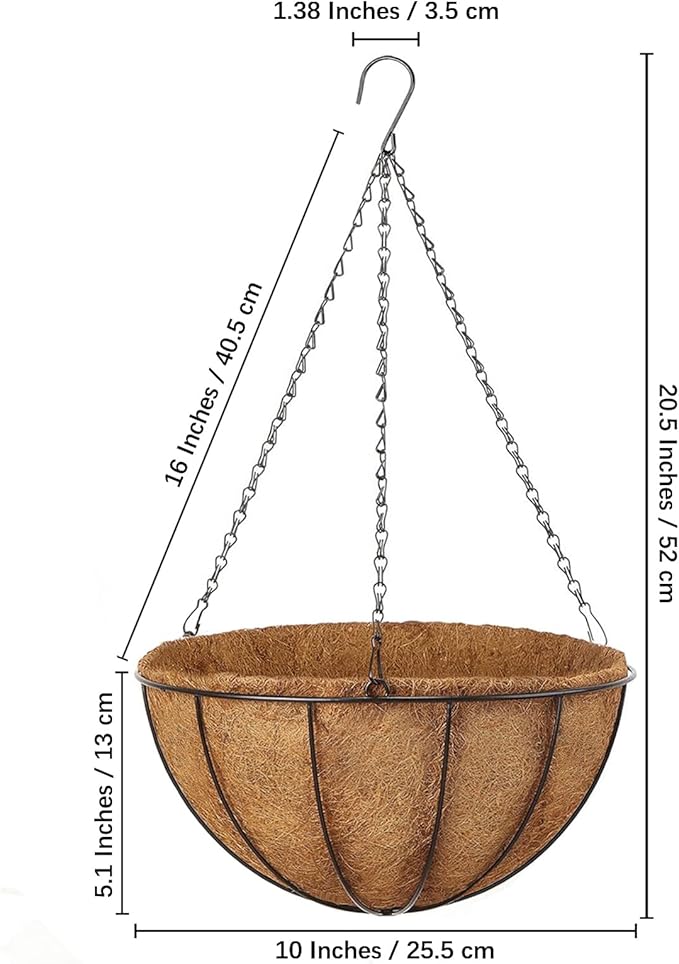 LCHUANG Hanging Baskets Planter for Plants - 2 Pack 10 Inch Metal Baskets with Coco Coir Liner, Hanging Flower Pots for Outside with Chain, Indoor Outdoor Garden Porch Decoration (10'' Pack of 2)