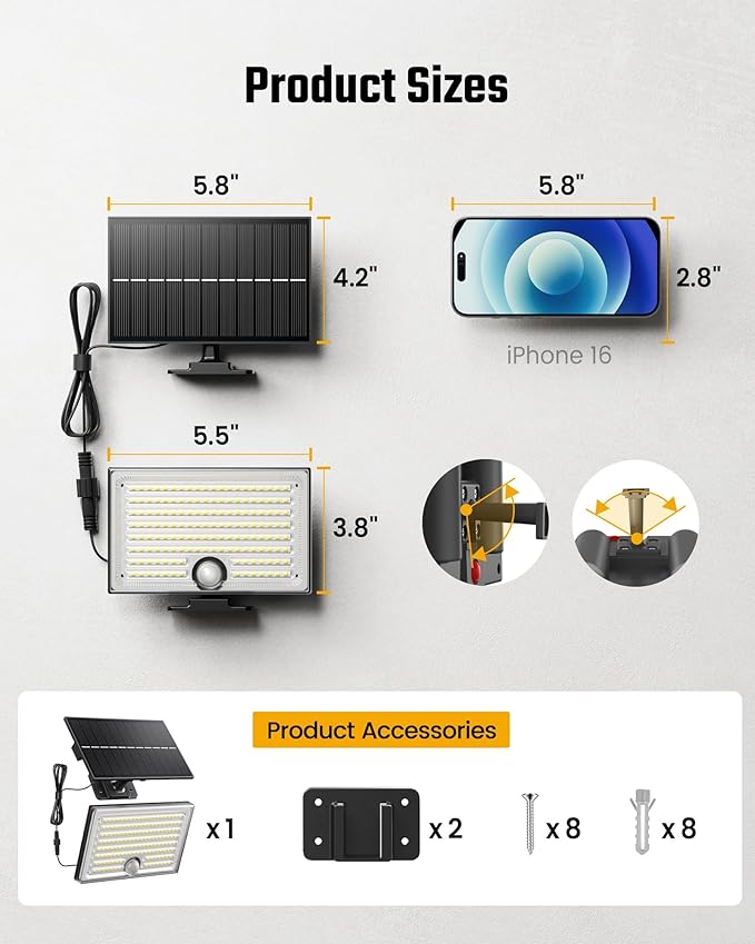 Mini Solar Lights Outdoor with Motion Sensor, 170-LED Solar Flood Lights Outdoor Dusk to Dawn with 16.5FT Cable, 3 Modes Solar LED Lights for Outside Waterproof IP65 for Patio, Yard, 1 Pack
