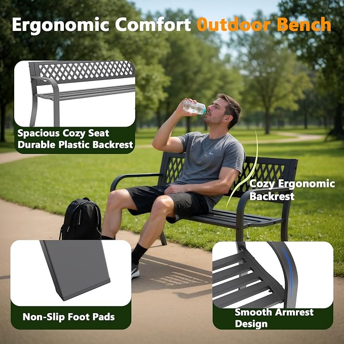 Outdoor Bench 2 Pack, 47" Garden Bench with Plastic Backrest | 2-Person Outdoor Seating Park Bench for Porch, Patio, Lawn, Deck and Entryway, Black
