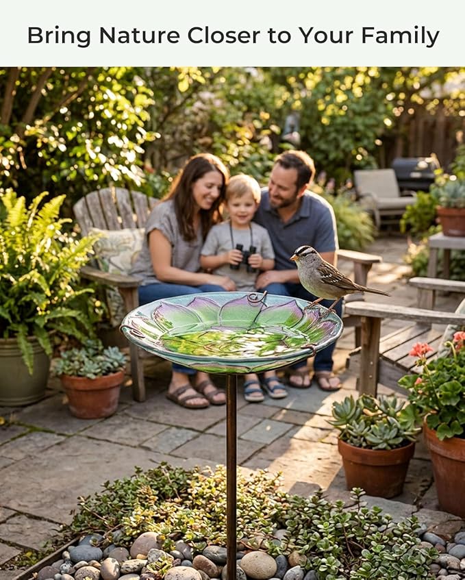 10.5" D Glass Bird Bath with Stake – Shallow Bird Bath for Outside Garden Backyard – Decorative Birdbath & Feeder for Patio Lawn – Hand-Painted Glass Water Dish, Green