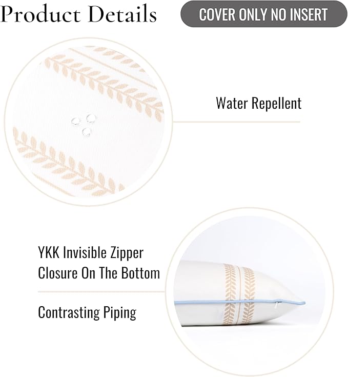 Hofdeco Premium Coastal Hampton Patio Indoor Outdoor Lumbar Pillow Cover Only, 12"x20" Water Repellent for Backyard, Couch, Poolside, Neutral Tan Blue Print Leaf Striped
