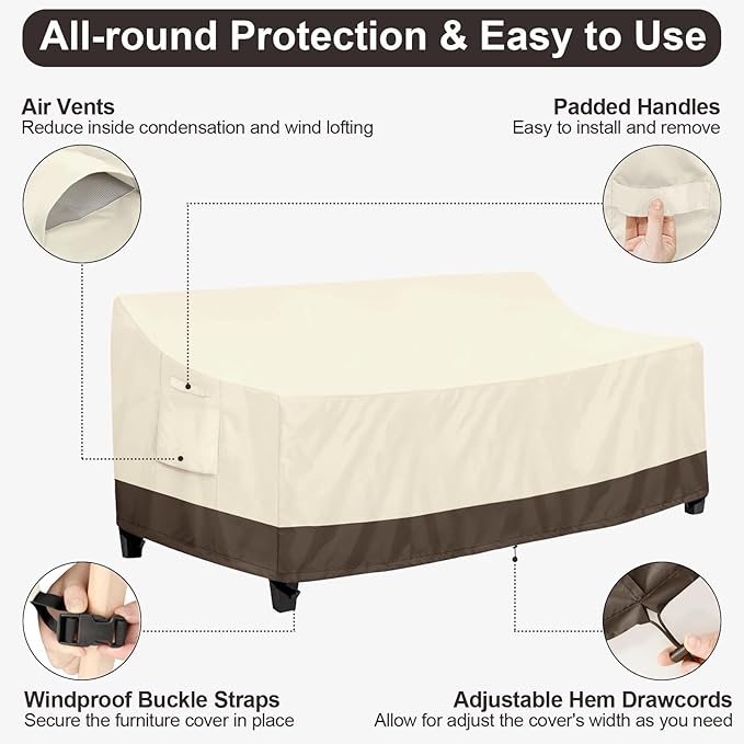 PureFit Outdoor Couch Cover Waterproof Patio Sofa Furniture Covers, 3-Seater Outdoor Cover with Air Vent and Handles, 85W x 35D x 35H Inches, Beige/Brown