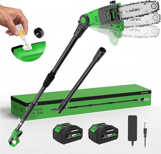 SOYUS Pole Saw 8-Inch Cordless, Electric Pole Saw for Tree Trimming with 2 X 3.0Ah Battery & Charger, 15-Foot Max Reach Cordless Tree Trimmer with Multi-Angle, 16ft/s Speed, Auto Oiling