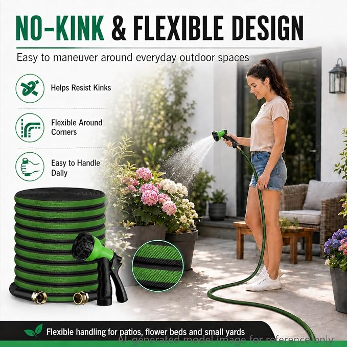 100FT Lightweight Flat Garden Hose for Women & Seniors, Non-Expandable Water Hose with 10-Pattern Spray Nozzle, Easy Storage No-Kink Hose for RV, Patio, Small Backyard, Car Wash & Everyday Watering